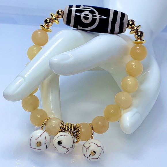 HONEY JADE + AGATE + MAGNESITE NATURAL BRACELET size 7” - Picture 3 of 8